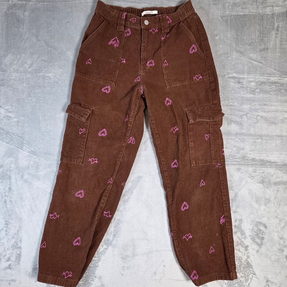 Pacsun Womens Medium Corduroy Elastic waist cargo Pants brown with pink hearts**